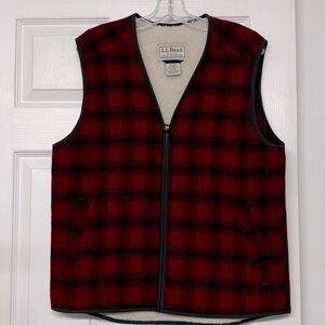 Vintage L.L. Bean Buffalo Red Black Check Sherpa Lined Wool Vest Sz S